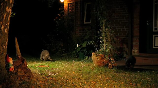 raccoon with offspring exploring garden at night 5 
