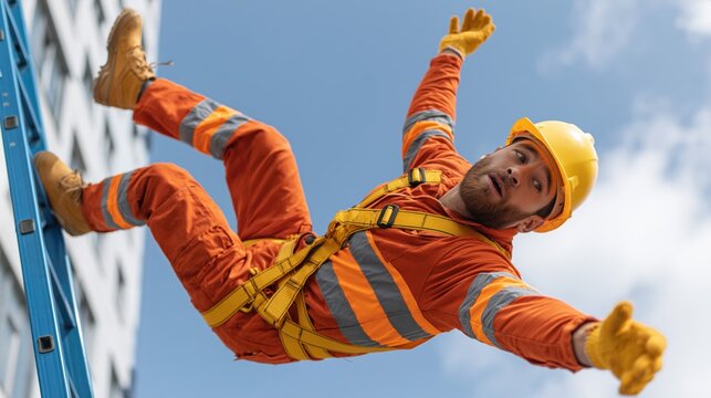 Construction worker in safety harness falling backward from a blue ladder