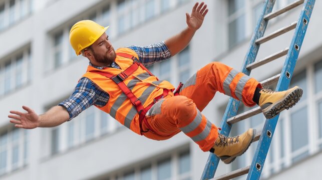 Construction worker in safety gear falling backward from a blue ladder outdoors