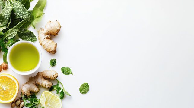 An overhead shot showcases the freshness of ginger root, citrus fruits, herbs, and oil arranged on a pristine white surface creating a natural and healthy layout.