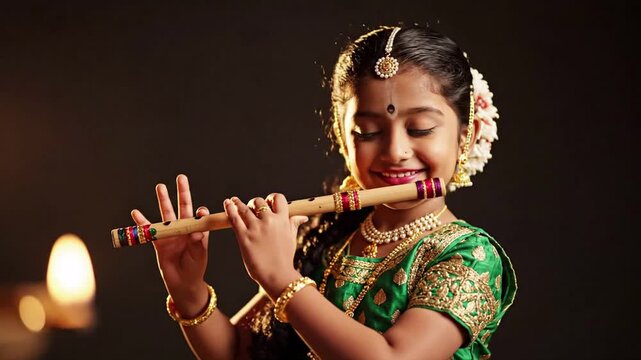 Young Indian girl in traditional green dress playing bamboo flute, festive lights background, cultural performance, devotional music
