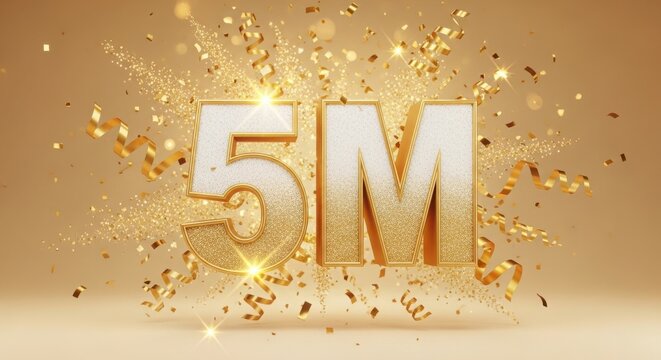 5 Million subscribers celebration with golden confetti and streamers in warm studio lighting for social media announcement