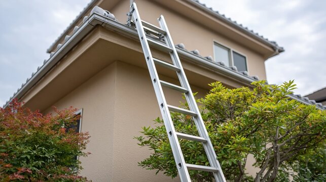 A tall aluminum extension ladder leans against the exterior of a house near bushes