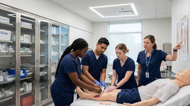 Multicultural group of college nursing students practicing wound care assessment on simulation mannequin in university clinical skills lab, 3