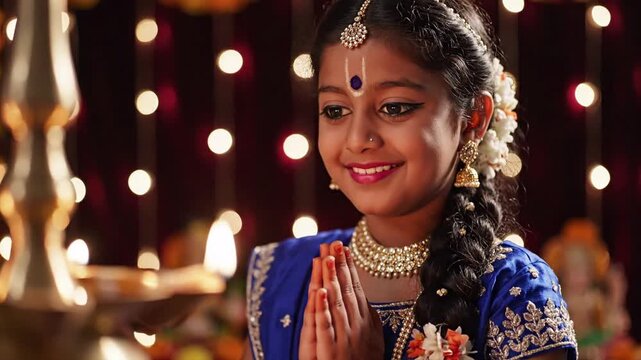 Young girl in traditional blue Indian clothing and ornate jewelry, hands clasped in prayer, smiling softly beside a lit diya lamp, with blurred festive bokeh lights in the background
