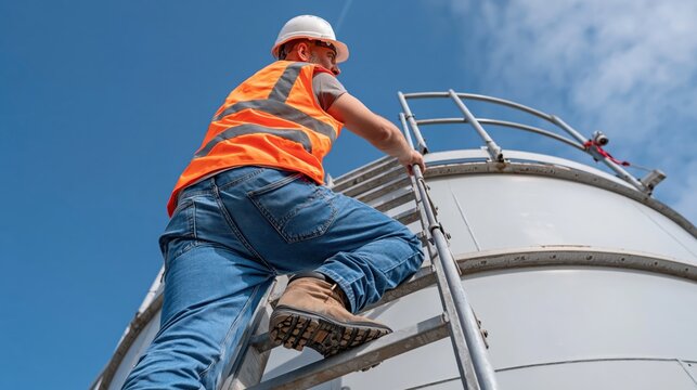 Construction worker in safety vest and hard hat climbing industrial silo ladder