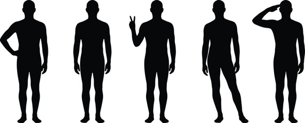 Black silhouette vector illustration of five different men standing in various expressive poses displaying diverse body language and unique hand gestures clearly © LOVEU