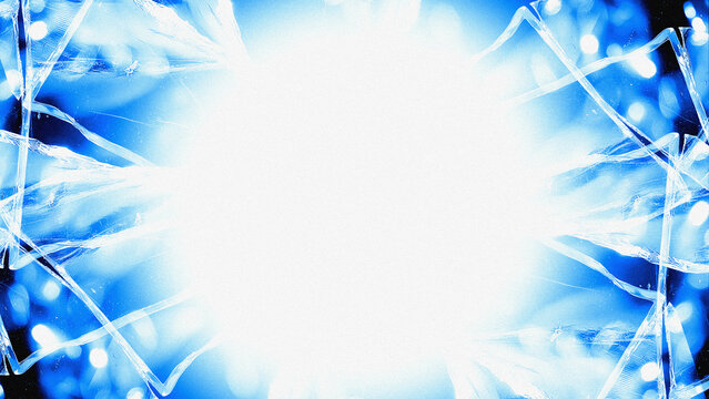 Bright white light bursting through cracked and shattered blue glass background with noisy effect
