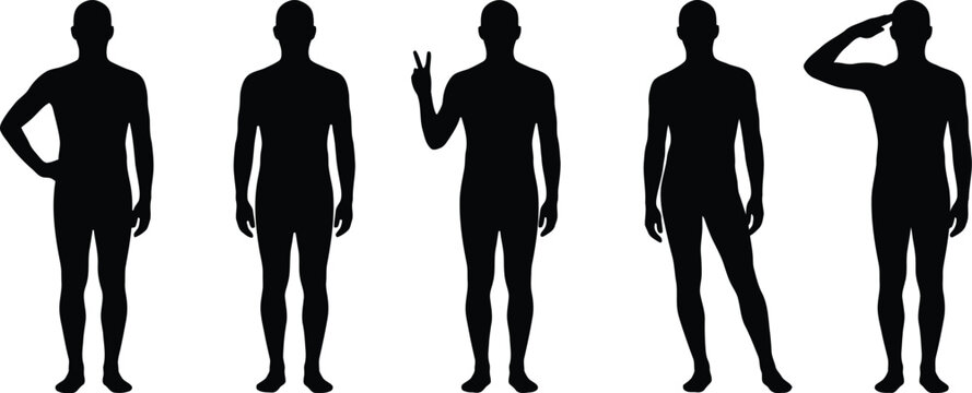 Black silhouette vector illustration of five different men standing in various expressive poses displaying diverse body language and unique hand gestures clearly