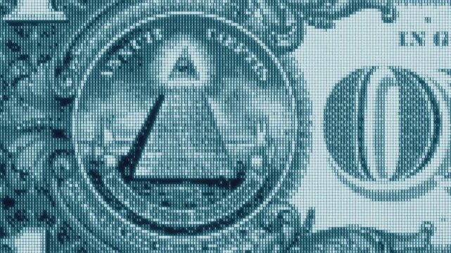 Digital Illuminati Eye Pyramid on 100 Dollars Bill Macro. Symbol of Secret Society, Global Power, Conspiracy, Masonic Sign, All Seeing Eye, Finance Control, Cyber Money, CBDC New World Order Concept