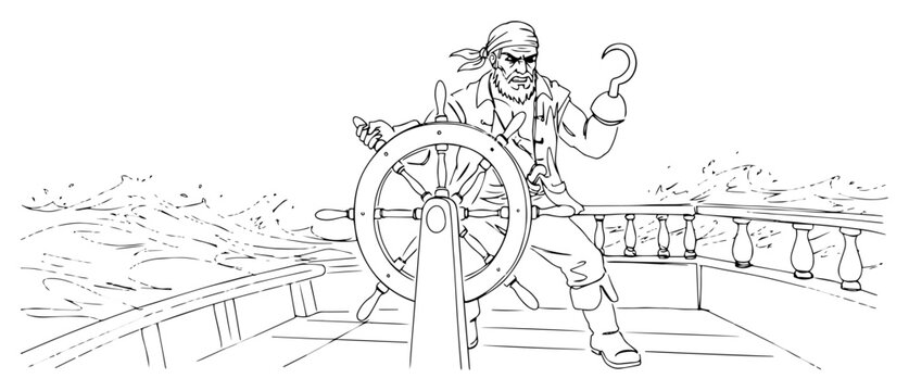 Pirate captain at ship steering wheel on stormy sea line art illustration, maritime adventure sailing sketch