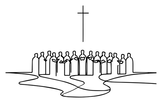 Choir singing under cross continuous line art, church worship religious group one line illustration, faith and prayer drawing