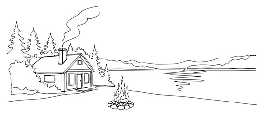 Naklejka premium Cabin by a lake in forest with campfire continuous line art, mountain landscape one line illustration