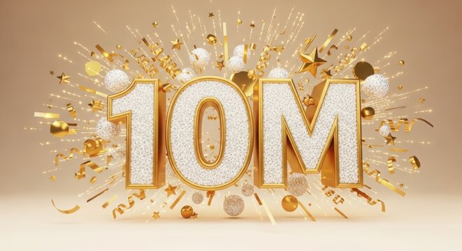 10 Million Number Celebration with Golden Confetti and Sparkles in Warm Soft Lighting for Social Media Milestone