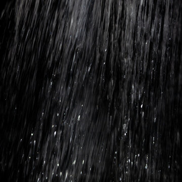Water falls in a steady stream creating splashes and droplets under bright light