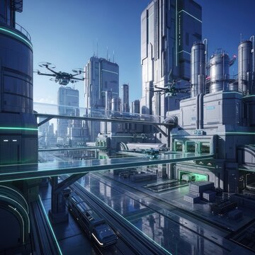 Futuristic cityscape with drones and transportation systems under a clear sky