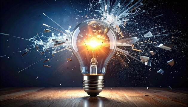 Exploding light bulb depicting innovation and breakthrough on wooden surface