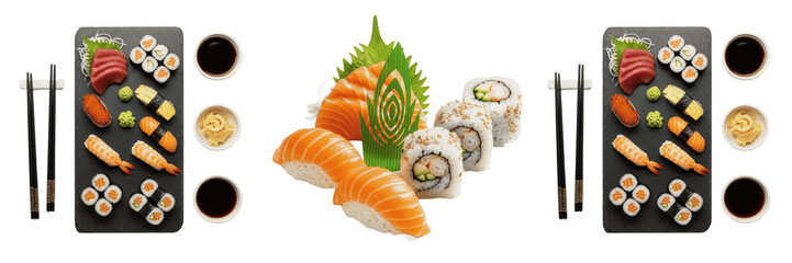 Fresh Salmon and Cucumber Sushi Rolls PNG, Traditional Japanese Cuisine Isolated on Transparent Background, Healthy Seafood Meal Clipart. © kingdom