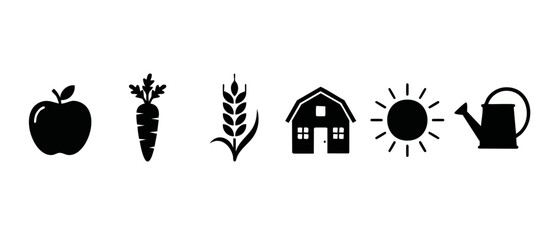 Farm icons set apple carrot wheat barn sun watering can agriculture collection for food and organic farming design elements isolated on white background for web and mobile interface graphic user exper © Dinali