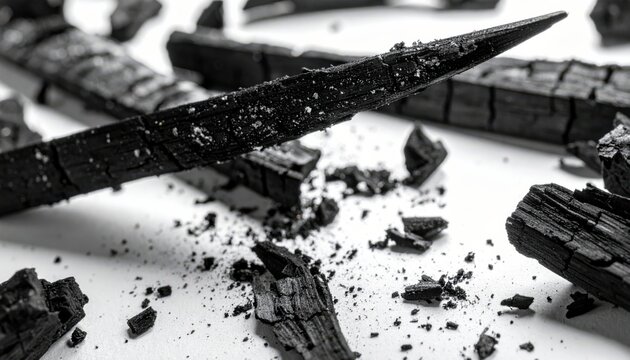 A charred wooden splinter lying with scattered ash residue on a plain white surface, captured in high detail.