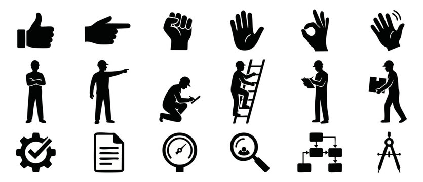 Construction Worker Icons Set - Vector Silhouette Illustrations for Engineering, Industrial Safety, Management, and Professional Site Logistics Planning and Workflow Assessment Design Assets