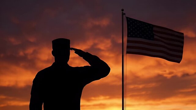 Majestic 4K Slow Motion Silhouette of US Soldier Saluting American Flag against Dramatic Sunset Sky for Memorial Day Celebration