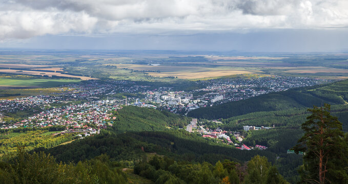 Rural panoramic landscape, Belokurikha, Altai. Aerial photography of the town taken at the top of the Mount Tserkovka