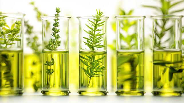 Fresh green herbs are immersed in test tubes containing clear liquid, suggesting botanical research, natural medicine, or organic skincare development in a lab setting.