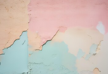 Obraz premium Weathered pastel painted wall with peeling layers revealing textured surface and soft artistic color transitions.