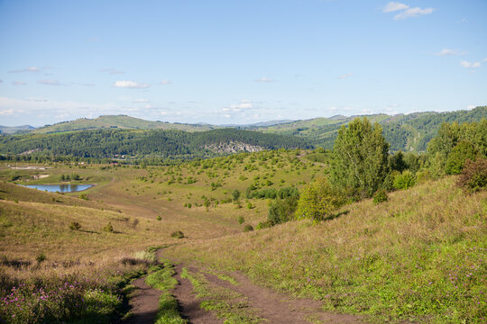 A winding dirt path crosses a flowering meadow and rolling green hills toward a small reflective lake, framed by trees and distant ridges beneath a clear blue summer sky, Katun river valley, Altai