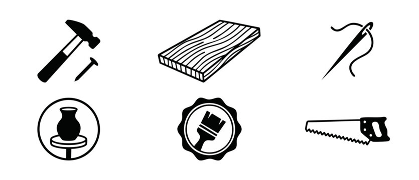 Craft Tools and Materials Icons Set for DIY Projects and Workshop Design, featuring Hammer, Wood Plank, Sewing Needle, Pottery, Paintbrush, and Saw symbols for professional graphic design and craft br