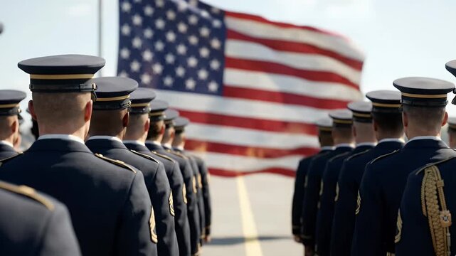 Majestic 4K Slow Motion of US Soldiers in Uniform Standing at Attention Facing a Waving American Flag during a Patriotic Ceremony