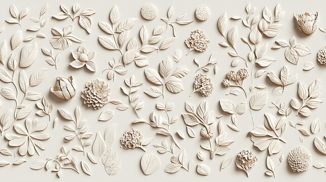 White floral pattern with brown butterflies on beige background