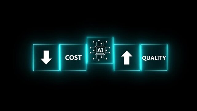 AI Driven Cost Reduction and Quality Improvement. Placing AI block between cost down and quality up. Artificial intelligence optimizing business efficiency, lowering costs, improving product quality