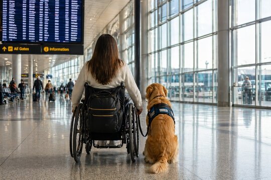Wheelchair user with service dog facing airport information board, accessible tourism concept