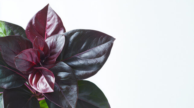 Close-up showcases a vibrant iresine herbstii plant with striking dark purple foliage, positioned against a clean white backdrop, creating a captivating contrast.