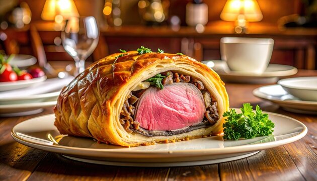 A perfectly sliced beef Wellington featuring a tender pink center encased in golden flaky puff pastry and rich mushroom duxelles, served on a classic white plate for an elegant dining experience.