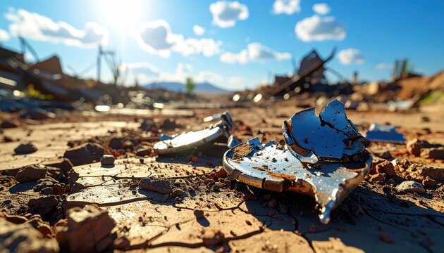 Jagged metal shrapnel fragments scattered across the dry cracked earth of a desolate wasteland under a bright blue sky, representing the aftermath of a massive industrial catastrophe.