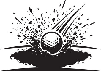 Dynamic golf ball hitting sand trap creating explosive dust particles black icon design for sporting event graphics isolated on transparent background vector art. © dkzone09 