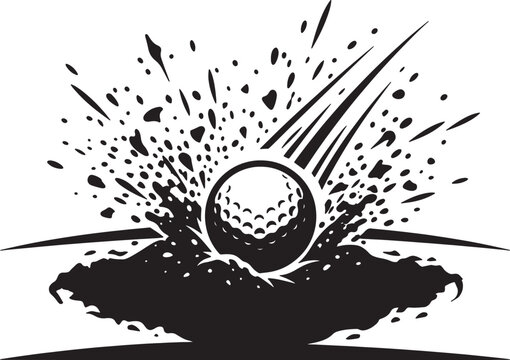 Dynamic golf ball hitting sand trap creating explosive dust particles black icon design for sporting event graphics isolated on transparent background vector art.
