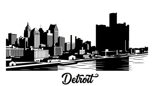 Black and white skyline silhouette of Detroit featuring Renaissance Center, historic industrial architecture, and riverfront. No people. Strong contrast. Bottom: "Detroit" script.