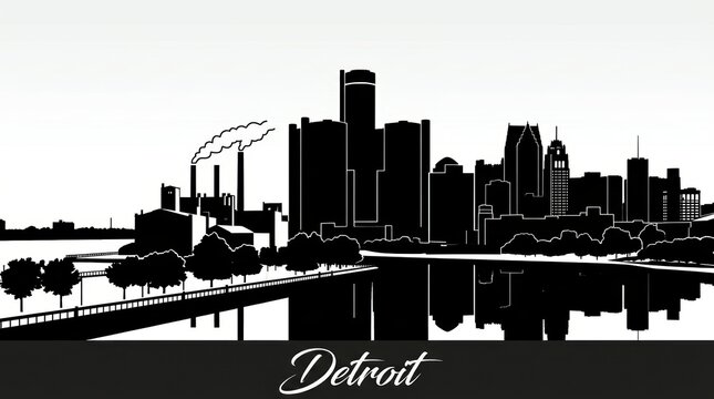 Black and white skyline silhouette of Detroit featuring Renaissance Center, historic industrial architecture, and riverfront. No people. Strong contrast. Bottom: "Detroit" script.