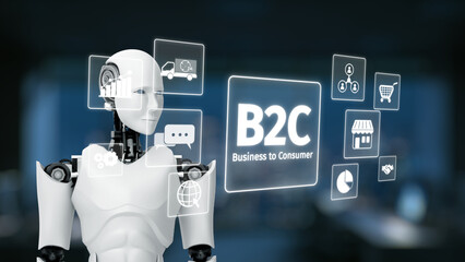 A futuristic robot stands prominently in a digital landscape showcasing icons related to business to consumer interactions, highlighting modern technology and marketing strategies. Synapse © InfiniteFlow
