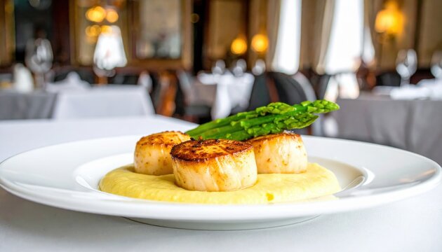 Pan seared scallops with a golden crust served on a bed of creamy polenta and fresh asparagus in an upscale restaurant setting.