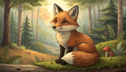 Fototapeta premium Cute cartoon fox sitting in a magical forest setting.