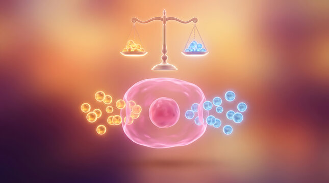 3D cell molecular balance scale golden blue particle ion transport biology medical science