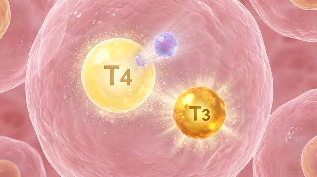 3D thyroid hormone T4 T3 conversion golden sphere cell biology medical illustration science