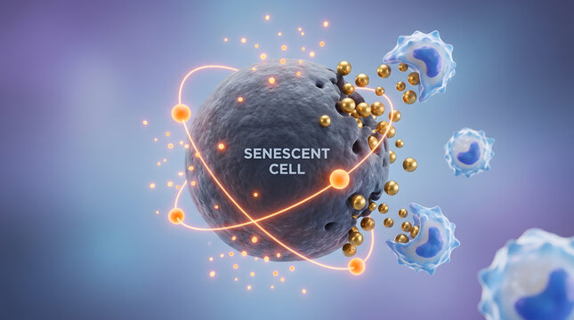 3D senescent cell aging golden particle immune clearance blue biology medical science illustration