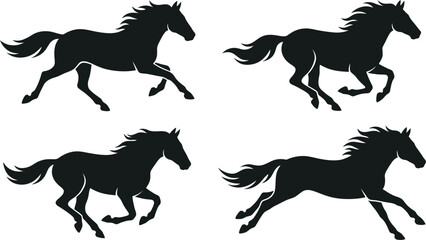 Four majestic black horse vector graphic illustrations, dynamically captured in running and galloping poses, showcasing powerful forms, flowing manes, and elegant tails. © LOVEU