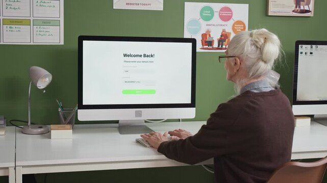 Back view shot of white haired senior woman using PC with online banking website on screen and entering login and password while attending computer literacy and digital safety class, copy space